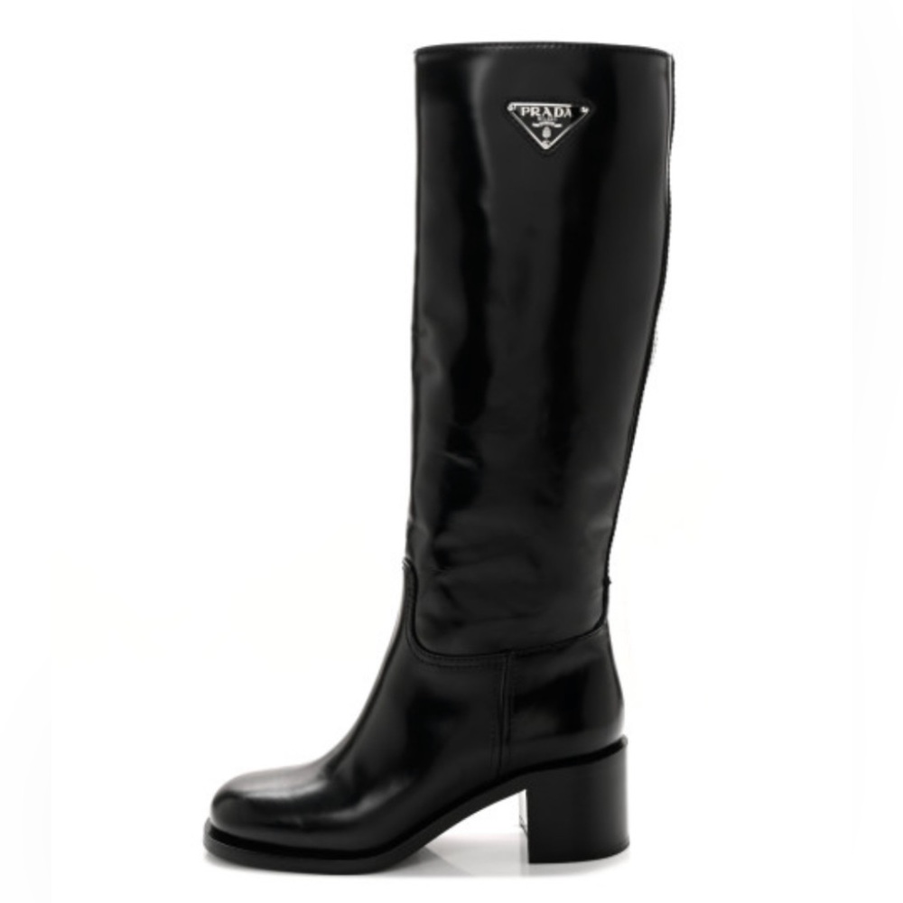 PRADA Spazzolato Metal Triangle Logo 55mm Riding Boots Size 39 Black New - Picture 2 of 12